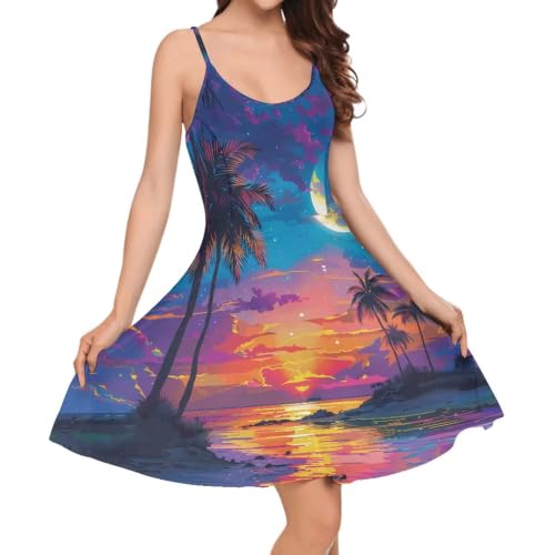 Image of Women's Spaghetti Strap Dress Summer Casual Swing Sundress Girls Beachwear Swing Mini Dress