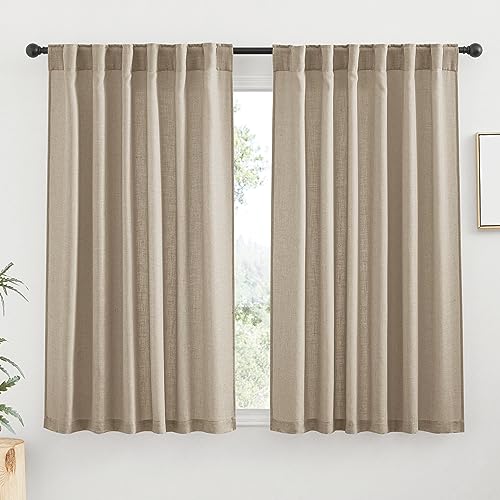RYB HOME Linen Semi Sheer Curtains 63 inch Length for Living Room Office