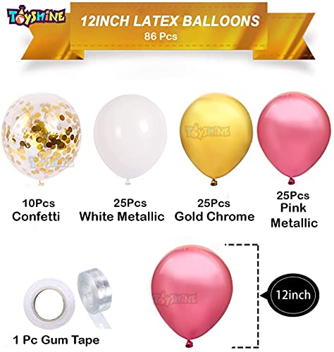 Image of Toyshine 86 Pcs Balloon Party Decoration Combo | 25 White Metallic, 25 Gold Chrome, 25 Pink Metallic, 10 Confetti Balloons, 1 Tape for Birthday Anniversary Theme Party