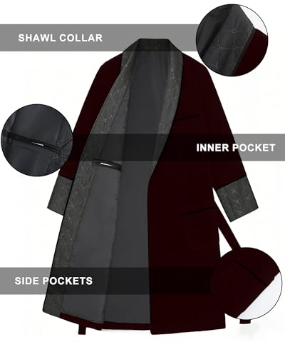 Image of Men's Long Velvet Smoking Jacket Smoking Robe with Belt Shawl Lapel Quilted Dressing Gown