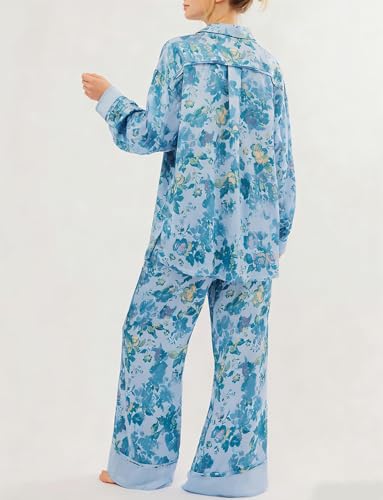 Image of Women Satin Pajama Set Floral Silk Pajamas 2 Piece Lounge Sets Button Down Shirts Wide Leg Pants Pjs Sleepwear