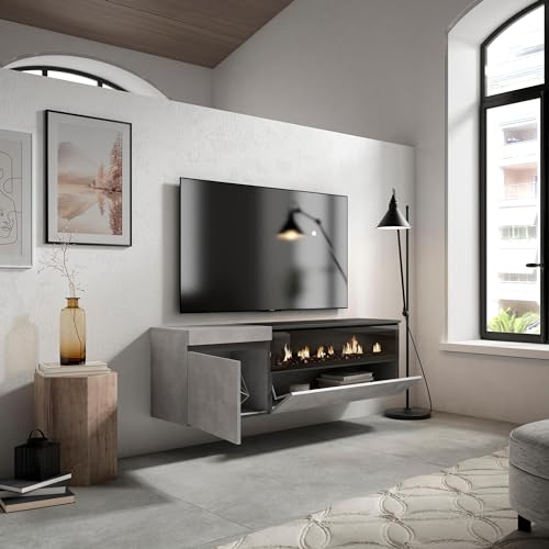 Skraut Home | TV-Schrank, Lowboard | für Wohnzimmer und Esszimmer | 150x45x35cm | Für TV-Geräte bis zu 65 | Elektrokamin. Maße | Hängend | Moderner Stil | Zement