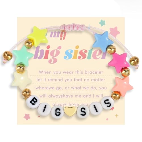 Image of Big Sister Gifts For Little, Pastel Rainbow Heart Rainbow Ball Big Little Sister Bracelet Announcement, Birthday Jewelry