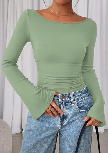 Image of PRETTYGARDEN Women Long Sleeve Shirt 2025 Crop Casual Boat Neck Bell Sleeve Ribbed Ruched Y2K Clothing