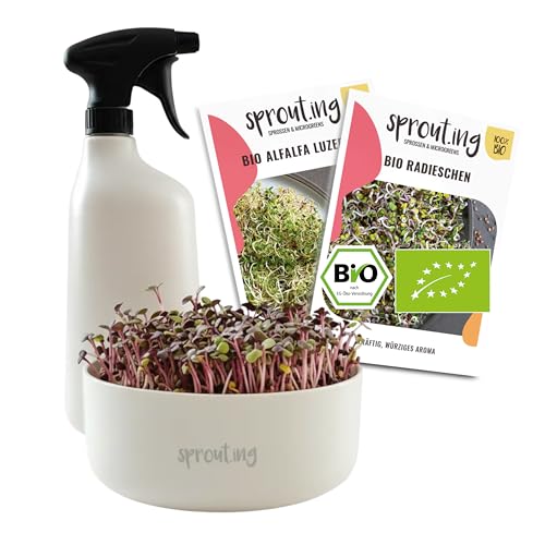 Plantura Bio-Sprossen Anzucht-Set (Starter) keimstarkes Bio-Saatgut für Sprossen & Microgreens BPA-frei & spülmaschinengeeignet 2 Sorten bis zu 18 Ernten
