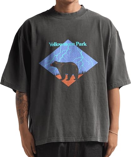 Washed Shaka Wear Drop Shoulder 7.5 oz Heavyweight Graphic Tshirt Vintage Thick Boxy & Oversized Baggy Fit (US, Alpha, X-Large, Regular, Regular, Yellowstone Bear)