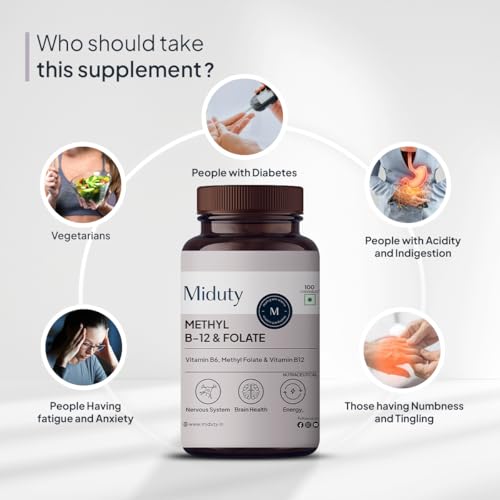 Miduty Vitamin B12 Folate – Active Methylcobalamin - Bioactive B-Complex with B6, B9, B12 – Triple Power Punch Formula for Energy, Mood, Brain & Nerve Support – Fast Absorbing Chewable – 100 Veg Tablets
