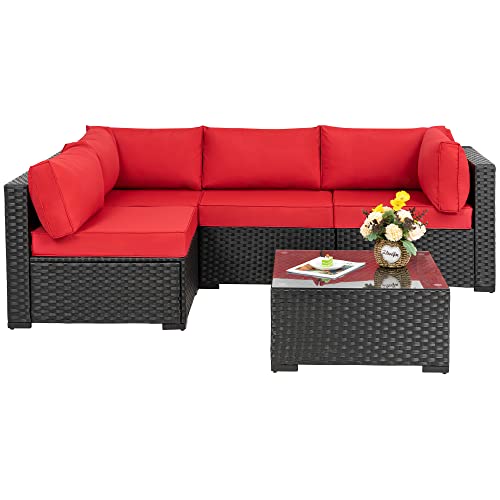 Jamfly Patio Furniture Sets, 5 Pieces Outdoor Furniture Patio Sectional Sofa Set, Black Wicker Rattan Conversation Sets With Glass Table And Cushions, Red #TOP6