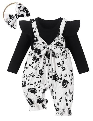 Image of AIBOLYNE Newborn Infant Baby Girl Clothes Outfits Ruffle Romper with Headband Longsleeve Jumpsuit Coming Home Outfit
