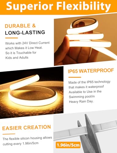 Image of Lamomo COB LED Strip Lights 65.6Ft, 2 Roll Warm White Dimmable Self-Adhesive Led Rope Light with Remote, Flexible Cuttable Waterproof 3000K Silicone Neon Tape Lights for Bedroom, Indoor, Cabinet