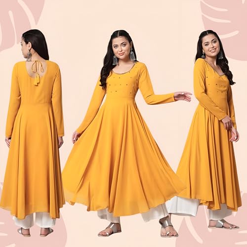 Image of PH POSHAKHUB Georgette Regular Fit Hand Embroidery Anarkali Kurta Set for Women, Yoke Anarkali Kurta for Woman, Ankle Length Anarkali Suit for Women, Full Sleeve Kurti, Dress for Woman