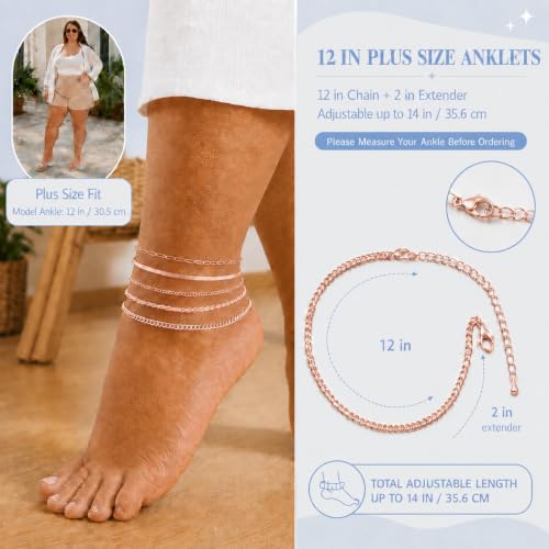 Image of AOZEL Gold /Silver Plated Anklet Bracelets for Women Waterproof Plus Size Cuban Link Chain Ankle Bracelet for Large Ankle 9-12inch