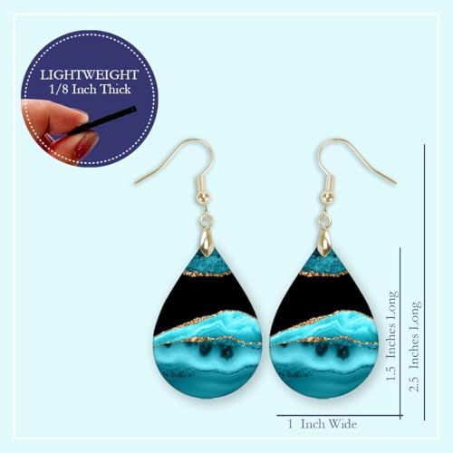 Teal Earrings for Women Dangling Trendy Aqua Jewelry Lightweight Teardrop Handmade from The Painted Pug (Teal Gold & Black)3