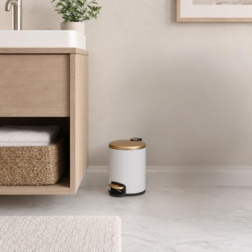 Image of ACENTO Step Bin, 1.3 Gallon / 5 Liter Round Trash Can, Soft-Close Lid with Removable Inner Bucket & Steel Pedal, Freestanding Bathroom Waste Bin, Matte White and Gold
