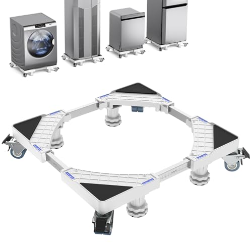 Waschmaschinen Untergestell mit 4 Füßen & 8 Feststellbaren Räder, Beweglich Waschmaschinensockel Podeste & Rahmen für Waschmaschine,Trockner, Bärenlast 500KG Kühlschrank(Weiß, Einstellbare: 45.5-70cm)