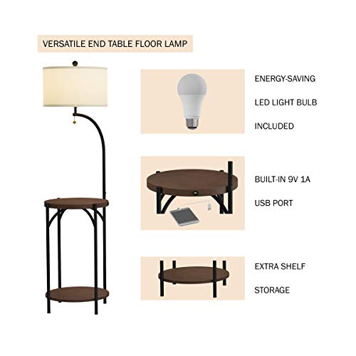 Floor Lamp End Table- Modern Rustic Side Table with Drum Shaped Shade, LED Light Bulb Included, USB Charging Port and Storage Shelf by Lavish Home