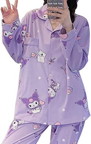 Kawaii Pajamas For Women Two-Piece Set Cute Cartoon Girls Pajamas Casual Cardigan Sleepwear Home Clothes