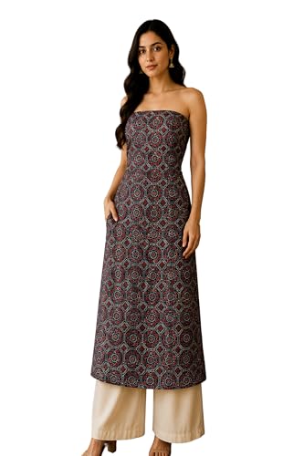 Image of Ethnics of Kutch Womens's Ajrakh Modal Silk Natural Dye Hand Block Print Unstitched Kurta Fabric
