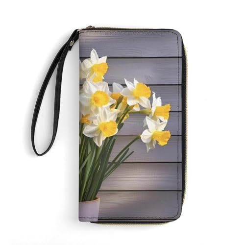 Bouquet of DaffodilsPrint Long Wallets PU Leather Clutch Purse Card Holder Wallet, with Wristlet Zip Around Long Wallet for Women & Men