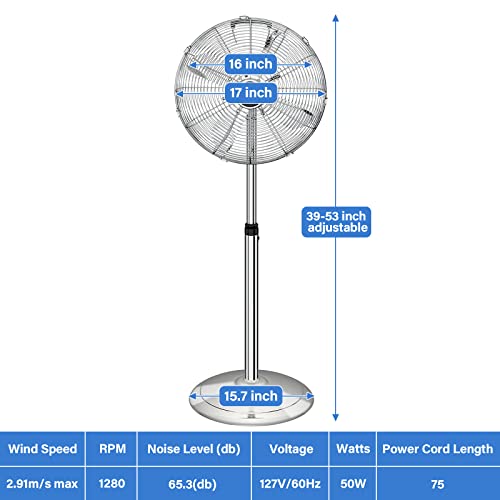 Simple Deluxe 16" Stand Fan, Adjustable Heights, Horizontal Ocillation 75°, 3 Settings Speeds, Low Noise, Durable Fan, High Velocity, Heavy Duty Metal For Industrial, Commercial, Residential #TOP1
