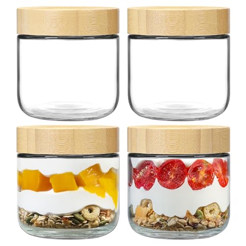 NETANY 4-pack 10oz Glass jars with Airtight Lids, Overnight Oats Containers with Bamboo Lids, Wide mouth Mason Salad jars, Glass Food Storage Containers for Snacks Yogurt Spice Sugar