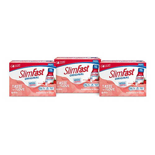 SlimFast Original Ready To Drink Meal Replacement shakes - 10g of Protein, Pantry Friendly Strawberries & Cream, 8 Count (Pack of 3), 264 Fl Oz