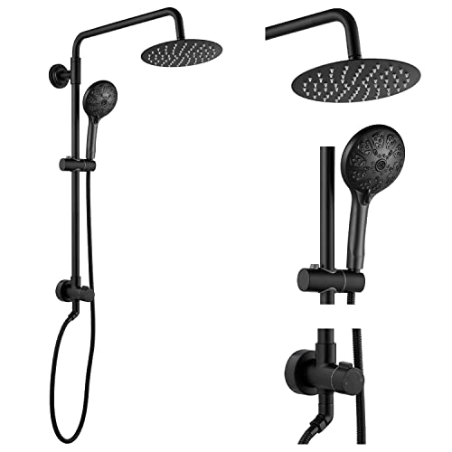Airuida Retrofit Shower System Matte Black 8 Inch Abs Rain Shower Head And 5 Function Handheld Showerhead Brass Hose Shower System With Adjustable Slide Bar Soap Dish Combo Set #TOP16