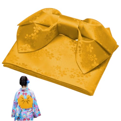 Kimono Belt for Women Japanese Traditional Yellow Wide Bow Belt with Cherry Blossom Patterns Accentuating Waistline One Size Fits Most Yukata Belt for Cosplay, Halloween, Themed-Party Bow Belt