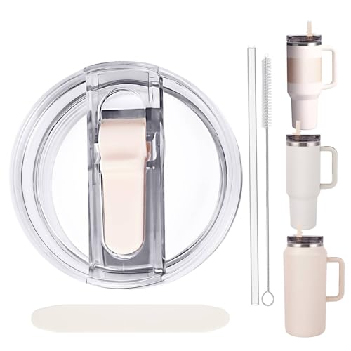 Replacement 40oz Leak Proof Tumbler FLIP Lid With Straw - Fit For Stanley ProTour Quencher 40oz and Quencher H2.0 40oz,64oz Tumbler (Cream-A, 40oz and 64oz)
