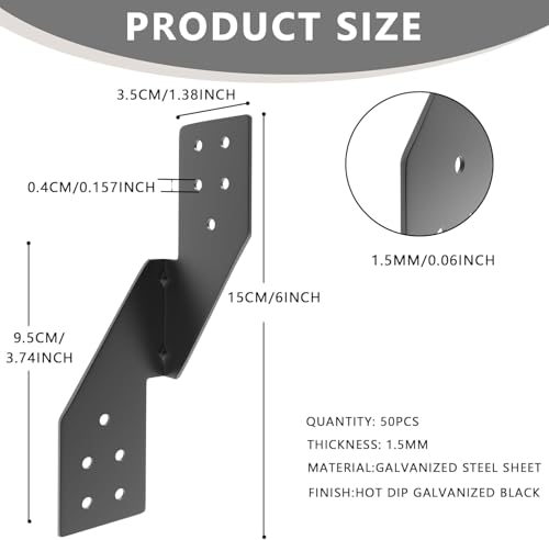 Image of 50pcs 16-Gauge Thick Hurricane Straps, Black Powder-Coated Rafter Ties | Heavy Duty Right Rafter Brackets, Strong Hurricane Clips, Tie Brackets for House, Roof Trusses, Shed, Building (Right)