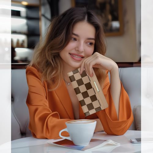 Image of Printed Checkbook Cover, RFID Blocking Checkbook, Stylish, Lightweight, Slim Durable, Multi-Functional Checkbook Holder for Personal and Business Checks (Plaid-Brown)