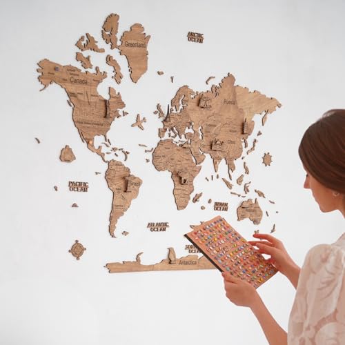 CreatifWood Mapa de Madera 2D para Pared – Mapamundi Decorativo | Planisferio de Pared | Decoración para Salón, Oficina o Dormitorio | Regalo para Viajeros (Dark, 80L x 55l cm)