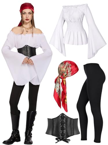 kasahara Disfraz de pirata para mujer, juego medieval sexy de piratas con hombros descubiertos, blusa, corsé, leggings, pañuelo para la cabeza, disfraz completo de carnaval (blanco, M)