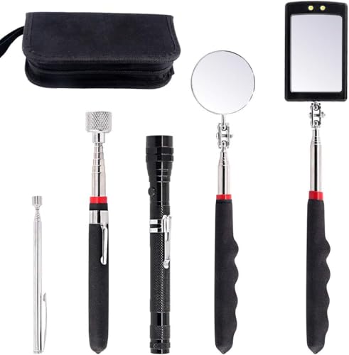 Swpeet 5Pcs Magnetic Telescoping Pick-up Tool Kit with Carry Case, 360 Swivel Adjustable Inspection Mirror, 15lb and 1lb Pick Up Rod and Telescoping Flexible LED Flashlight (Batteries Included)