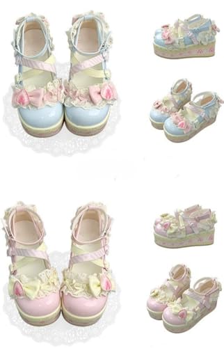 Zenrave Jirai Kei Shoes Mary Jane Bow Platform Jfashion Gyaru Cutecore Lolita Kawaii Vkei Clothes Decora Fashion Shoujo Girl Jojifuku Mori Kei (White,7)