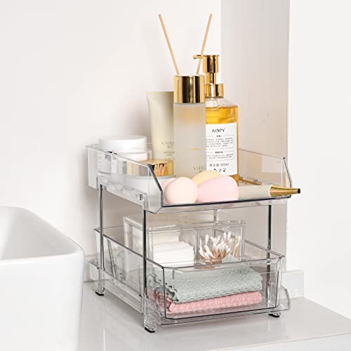Simetufy 2 Tier Clear Organizer With Dividers, Multi-Purpose Slide-Out Bathroom Vanity Countertop Closet Organization, Under Sink Organizers And Storage, Kitchen Pantry Medicine Cabinet Bins, 2 Pack #TOP4