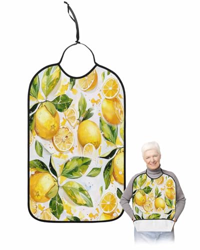 LEOKOTI Summer Lemon Adult Bibs for Eating, Waterproof Bibs with Food Catcher & Adjustable Snap Closure, Watercolor Summer Yellow Fruits Botanical Washable Clothing Protectors Adult Bibs for Elderly