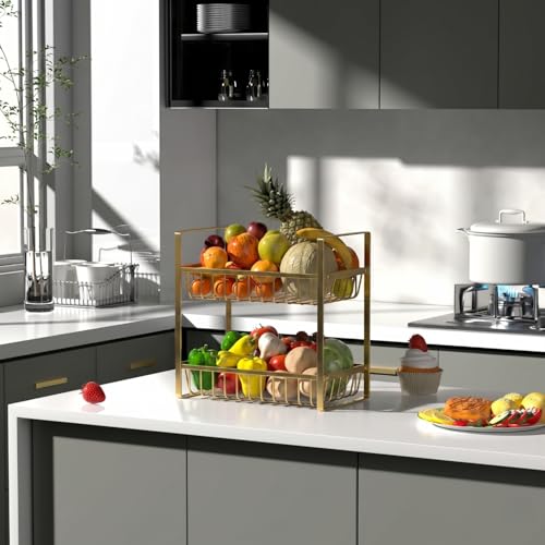 Image of 2 Tier Countertop Fruit and Vegetables Basket | Multipurpose Storage Organize Stand for Kitchen, Dining Table and Bathroom (2 Tier Gold)