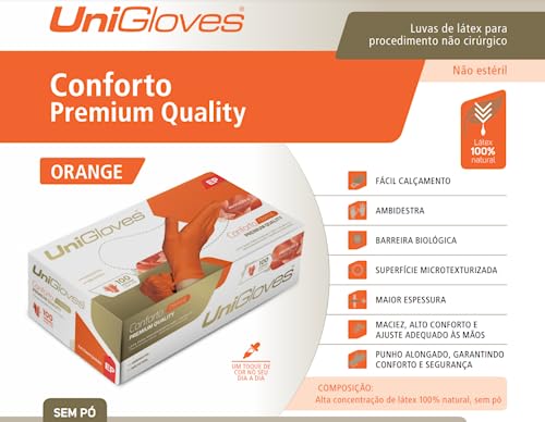 UNIGLOVES Luva De Látex Orange Para Procedimento (Sem Pó) Unigloves® - M - 100 Unidades