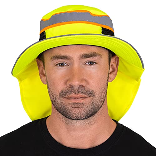 Hi-Visibility Reflective Safety Polyester Upf 50+ Sun Hat, Wide Brim With Neck Flap, Breathable, Boonie Hat Bucket Cap Yellow #TOP1
