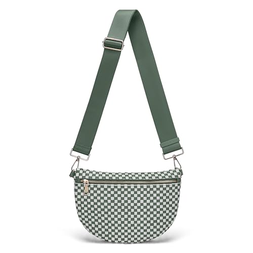 AMZFROG Woven Crossbody Bag for Women Stylish Casual Oversized Bum Bag Sling Purses Vegan Leather Shoulder Handbags Waist Pack with Adjustable Strap for Festival Travel Green-White