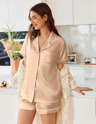 Image of Ekouaer Womens Satin Silk Pajamas Set Short Sleeve Sleepwear Button Down Top and Shorts Loungewear 2 Piece Pjs Set Khaki Large