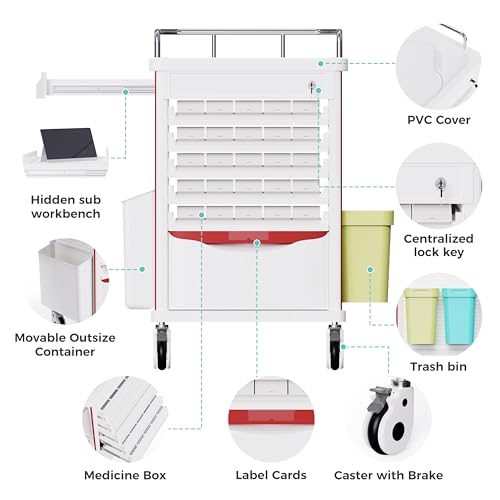 OLERN Medication Bins Cart with 200 Bins, 10 Drawers - Dual-Sided Open, 50 Medicine Boxes, Hidden Sub Workbench, Silent Casters, Container, 2 Trash Bin-Medical Crash Cart for Clinic, Hospital and Lab - Thumbnail 5