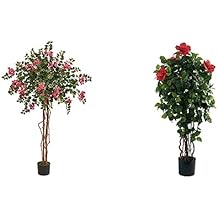 Nearly Natural 5.5 Bougainvillea Tree Artificial Plant, Pink & 4 Hibiscus Artificial Tree, 4ft, Green
