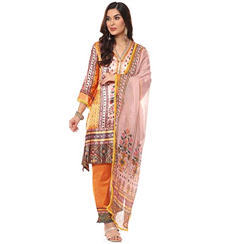 Image of BIBA Women Silk Viscose Straight Printed Suit Set