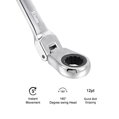 Uxcell Metric 10Mm Box Open Ended Flex-Head Ratchet Combination Wrench Polish Chrome Finish, Cr-V #TOP2