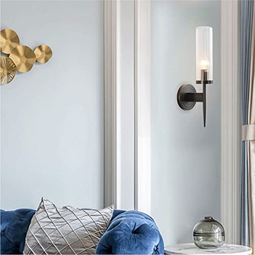 Image of BOKT Mid-Century Modern Bathroom Sconces Wall Lighting Vintage Black Vanity Wall Lamp Clear Cylinder Glass Wall Sconce Industrial Slim Wall Sconce Lamp