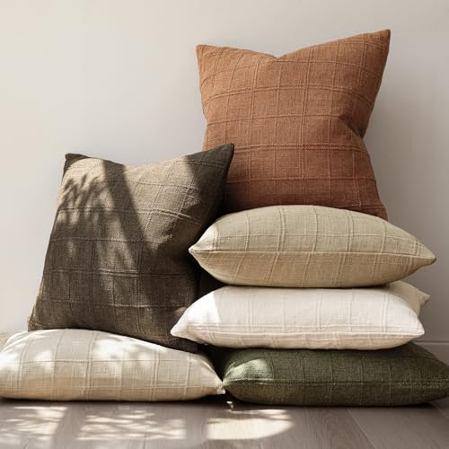 Image of Foindtower Set of 1 Decorative Linen Check Throw Pillow Cover Neutral Farmhouse Vintage Cushion Cover Modern Boho Home Decor for Sofa Chair Couch Bedroom Living Room,22x22 Inch,Orange