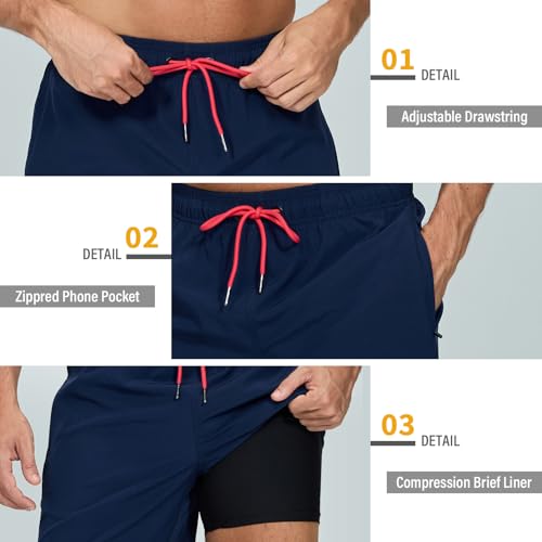 Image of Mens Swim Trunks Compression Liner No Mesh Swimming Trunks Men Swimwear Quick Dry Above Knee Zipper Pocket Swim Shorts