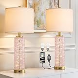 Oneach 27.75' Modern Table Lamps Set of 2, Pink Bedside Lamp with Class Nightlight, USB A+C, Unique Desk Lamps for Living Room, Bedroom, Nightstand, End Table (2 Bulbs Included)